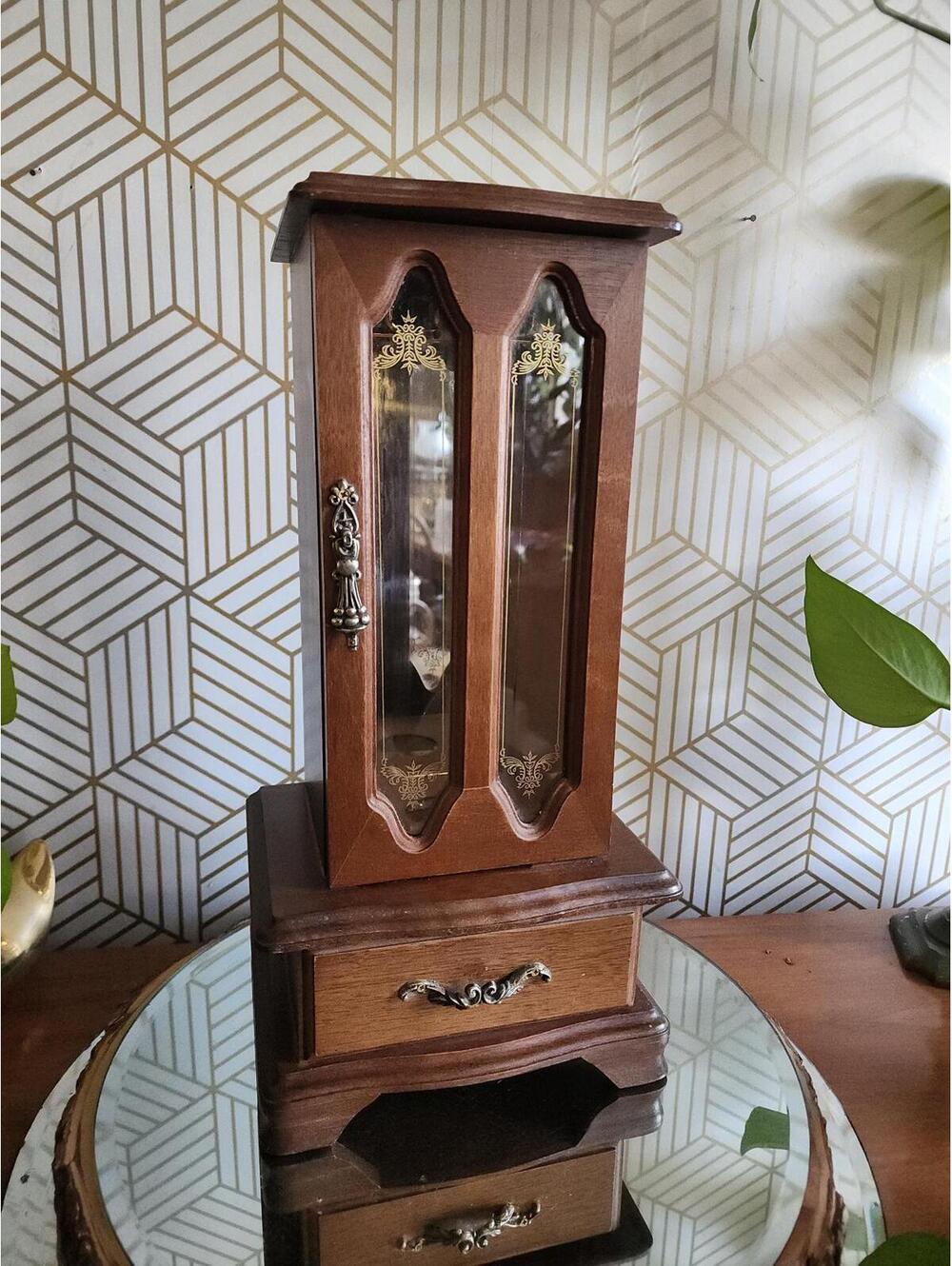 Vintage Armoire Jewelry Box w/ Glass Door & Necklace Hanger with Mirror